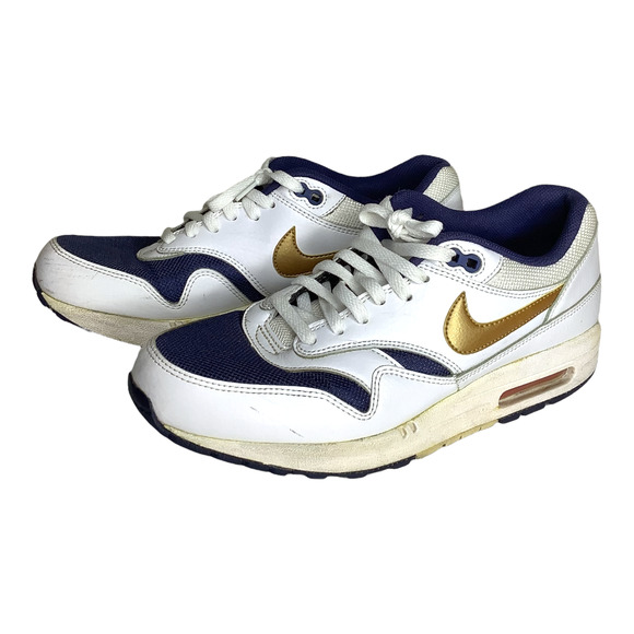 Nike Shoes Mens 9 White Blue Gold Air Max 1 Essential Olympic 2015 Swoosh 537383 - Picture 6 of 11